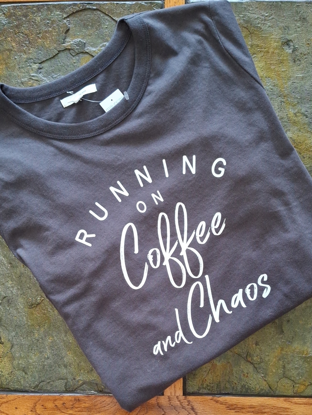 Maurices Charcoal Grey Graphic Tee - 'Running on Coffee and Chaos'